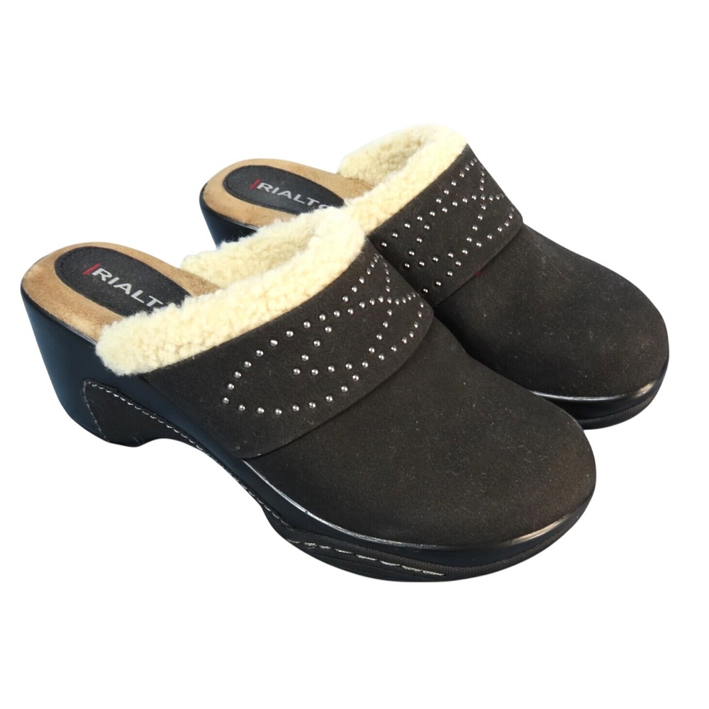 RIALTO Charcoal Black CLOGS MULES SHOES Mid-Heel STUDDED Sherpa Fur Liner 5.5